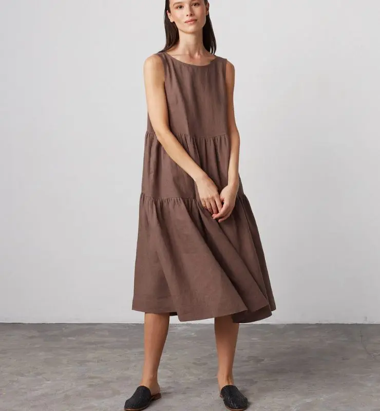 Abito Midi in Lino Naturale Donna – Smanicato con Tasche