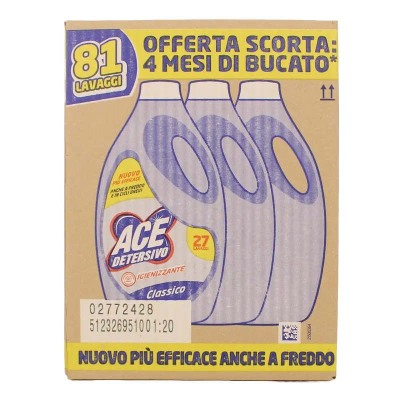 ACE DETERSIVO LIQUIDO LAVATRICE IGIENIZZANTE CLASSICO 3 PEZZI DA 27 LAVAGGI