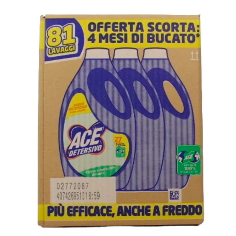 ACE DETERSIVO LIQUIDO LAVATRICE TALCO e MUSCHIO BIANCO 3 PEZZI DA 27 LAVAGGI