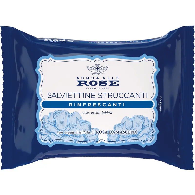ACQUA ALLE ROSE 20 SALVIETTE STRUCCANTI RINFRESCANTI CON ACQUA DISTILLATA DI ROSA DAMASCENA