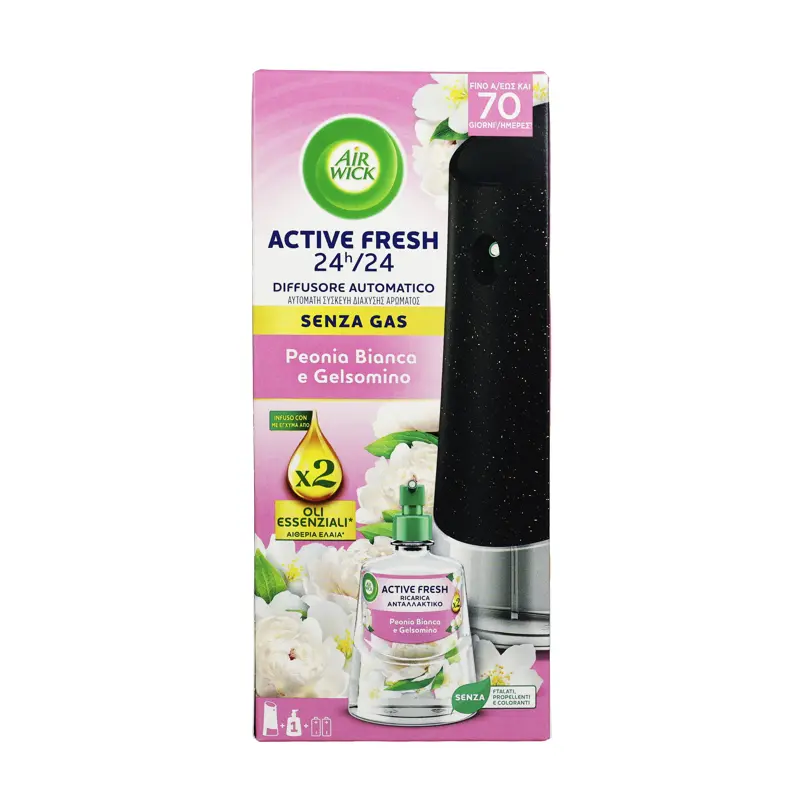 AIRWICK ACTIVE FRESH DIFFUSORE ELETTRICO AUTOMATICO COMPLETO BASE + RICARICA 228 ML + BATTERIE FRAGRANZA BOUQUET DI GELSOMIN0