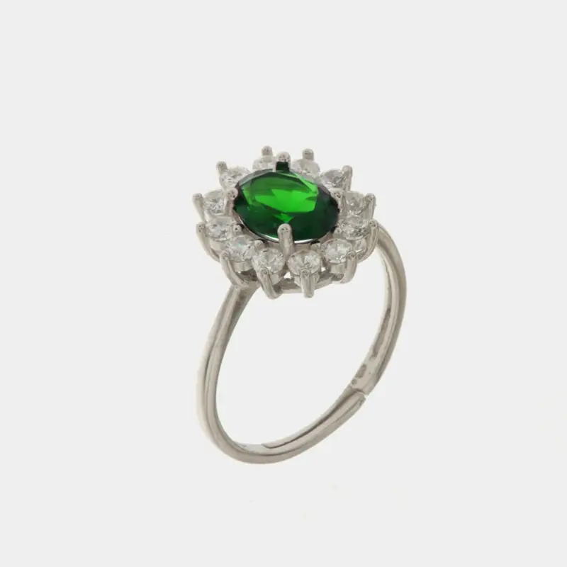 Anello in Argento solitario con zirconi bianchi e verde | Rohome