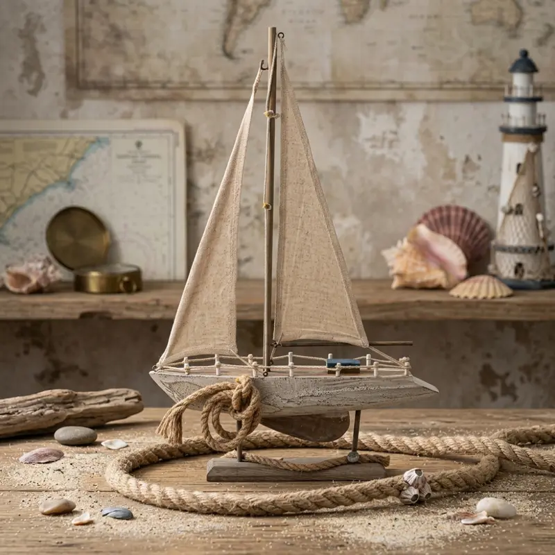 Arthesiana Barca a Vela Decorativa in Legno e Tessuto H 51 cm