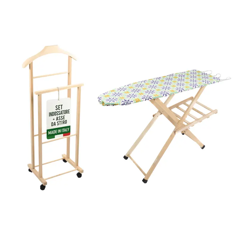 Asse da Stiro Legno Luxury Quality Porta Caldaia Faggio Con Indossatore Appendiabiti Legno Naturale Salvaspazio Vestiti Rotelle Servo Muto Antiscivolo Stabile
