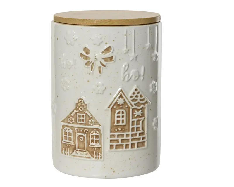 Barattolo Natalizio in Ceramica con Casette Pan di Zenzero e Coperchio in Bambù