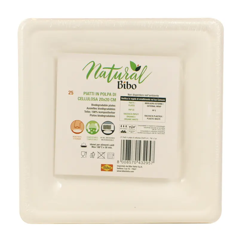 BIBO NATURAL 25 PIATTI QUADRATI DM 20 cm BIODEGRADABILI e COMPOSTABILI
