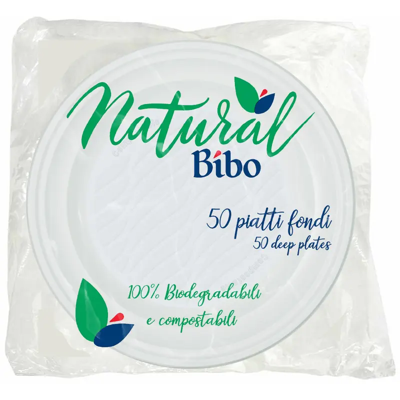 BIBO NATURAL 50 PIATTI FONDI 21,5 CM DIAMETRO BIODEGRADABILI e COMPOSTABILI
