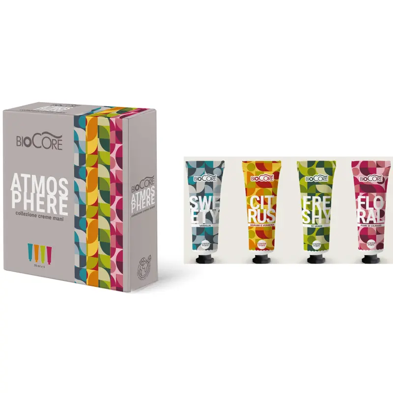BIOCORE COFANETTO ATMOSPHERE 4 CREME MANI - VANIGLIA, AGRUMI e VERBENA, TE' VERDE, FIORI DI CILIEGIO TUBO 30 ML