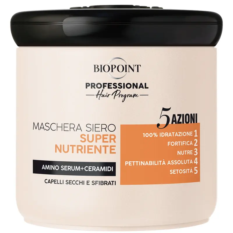 BIOPOINT PROFESSIONAL MASCHERA SIERO SUPER NUTRIENTE 5 AZIONI CAPELLI SECCHI E SFIBRATI AMINO SERUM+CERAMIDI 400 ML