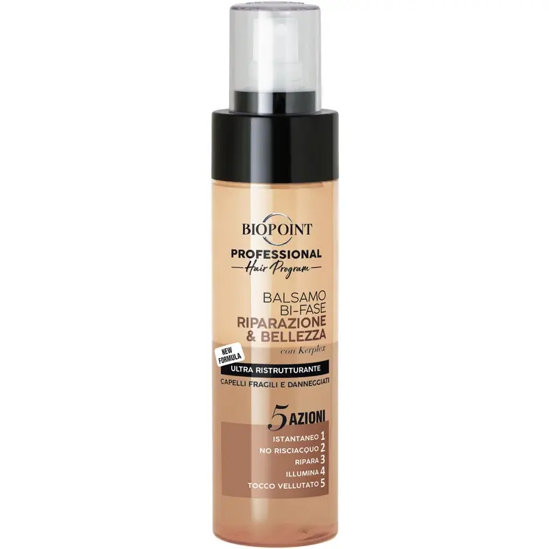 BIOPOINT PROFESSIONAL RIPARAZIONE E BELLEZZA BALSAMO BI-FASE FORMULA RISTRUTTURANTE 5 AZIONI PER CAPELLI FRAGILI E DANNEGGIATI 200 ML