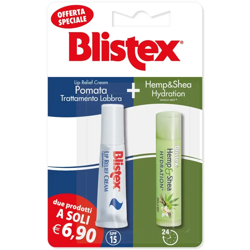 BLISTEX POMATA TRATTAMENTO LABBRA SPF15 + HEMP & SHEA IDRATION BLISTER DUO