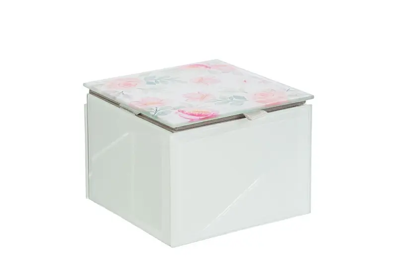 Bomboniera Scatola portagioie in vetro con decoro fiori 9x9xh.7cm | Rohome