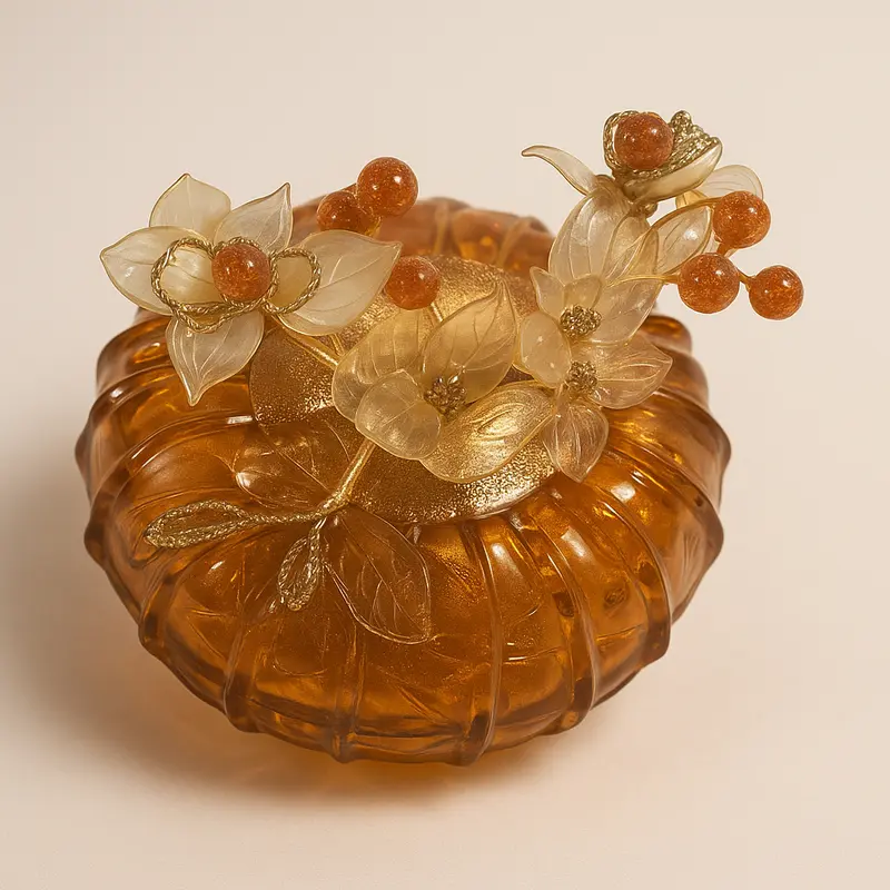 Bottiglia Decorativa Vetro Murano Ambra Opalina con Fiori H 19x17 cm