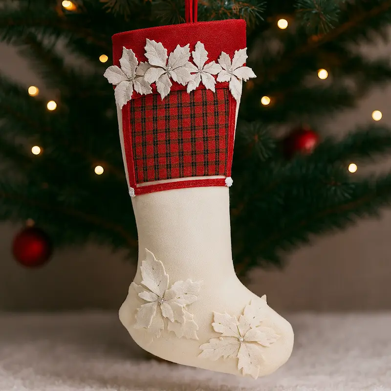 Calza Epifania Panna Tartan con Stella Bianca – 40x17 cm