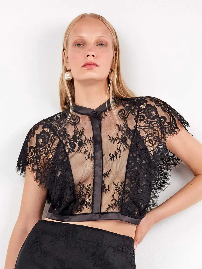 Camicia Elegante con Colletto Mao e Pizzo