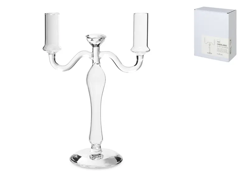 Candeliere In Vetro Borosilicato Trasparente 2 Fiamme Cm 27