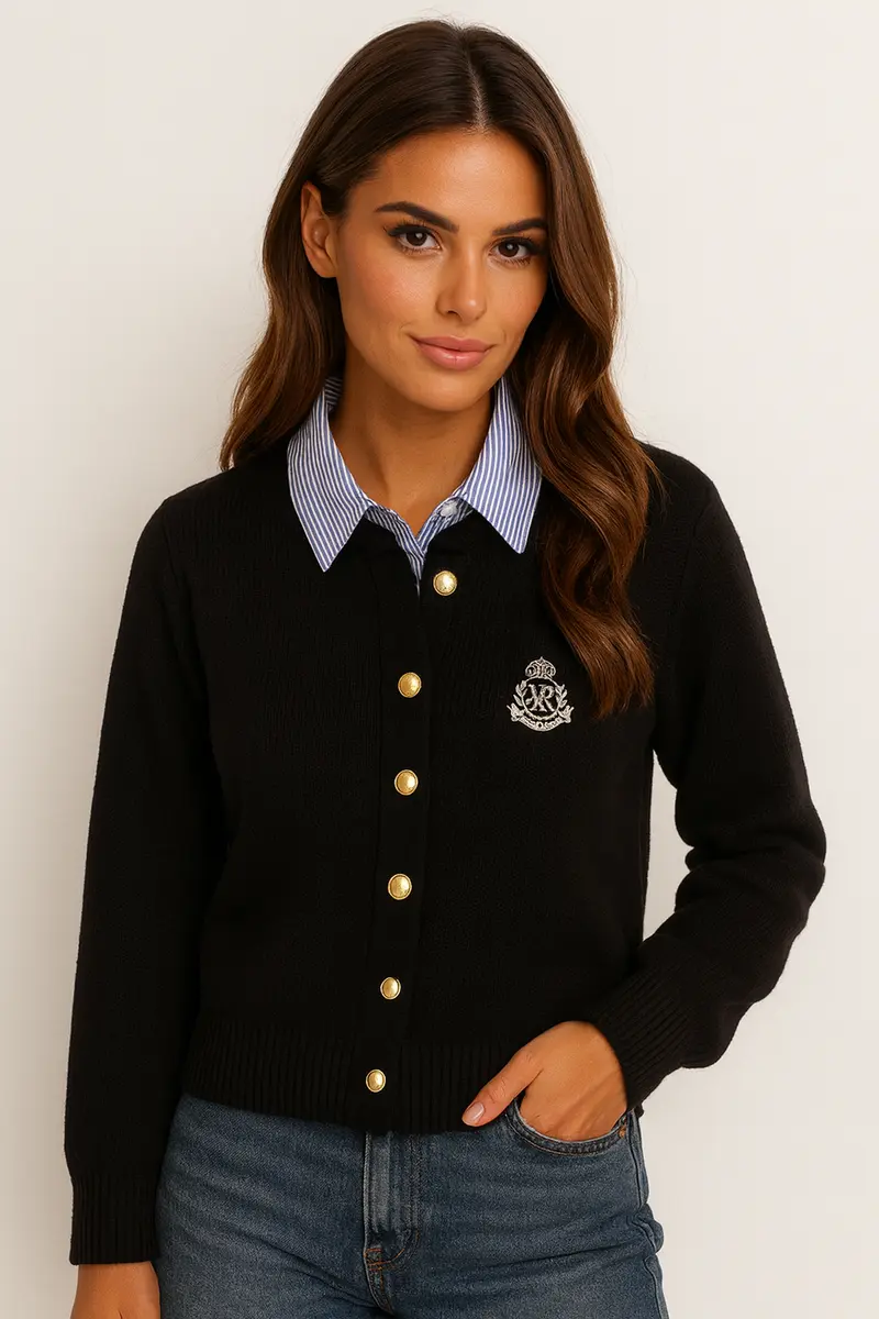 Cardigan Nero Old Money con Bottoni Oro – Eleganza Senza Tempo