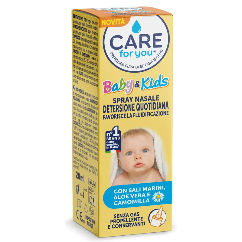 CARE FOR YOU SPRAY NASALE BABY&KIDS DETERSIONE QUOTIDIANA CON SALI MARINI, ALOE VERA E CAMOMILLA SENZA GAS 20 ML