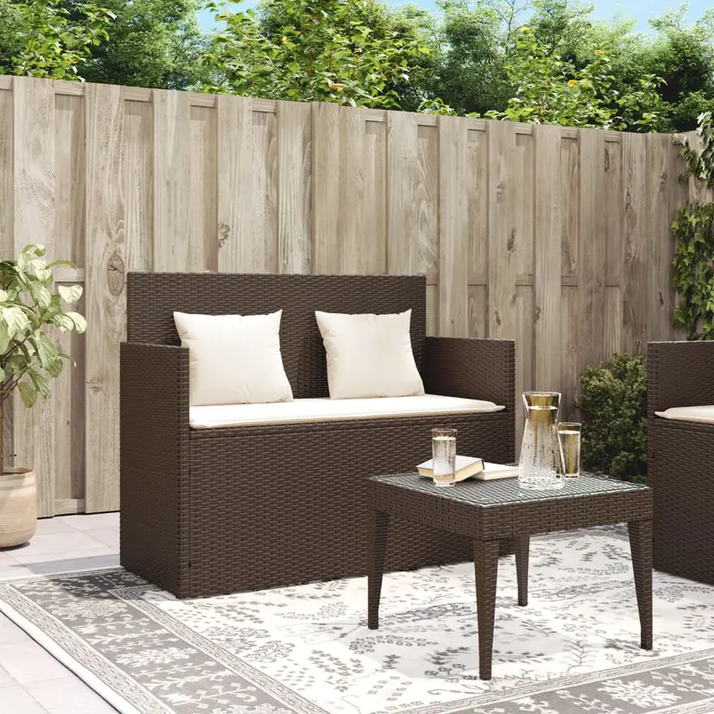 Cassapanca da giardino in rattan marrone con cuscini bianco crema