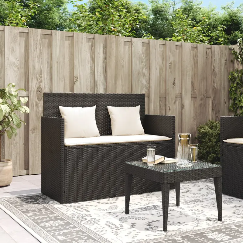 Cassapanca da giardino in rattan nero con cuscini bianco crema