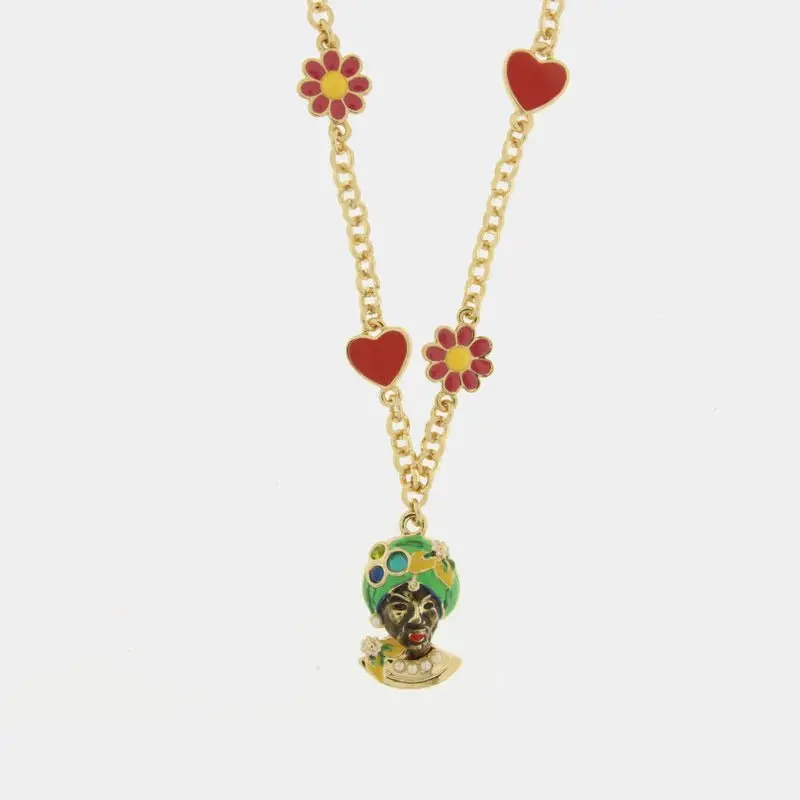 Collana in Metallo con Testa di Moro verde, cuori e fiori | Rohome