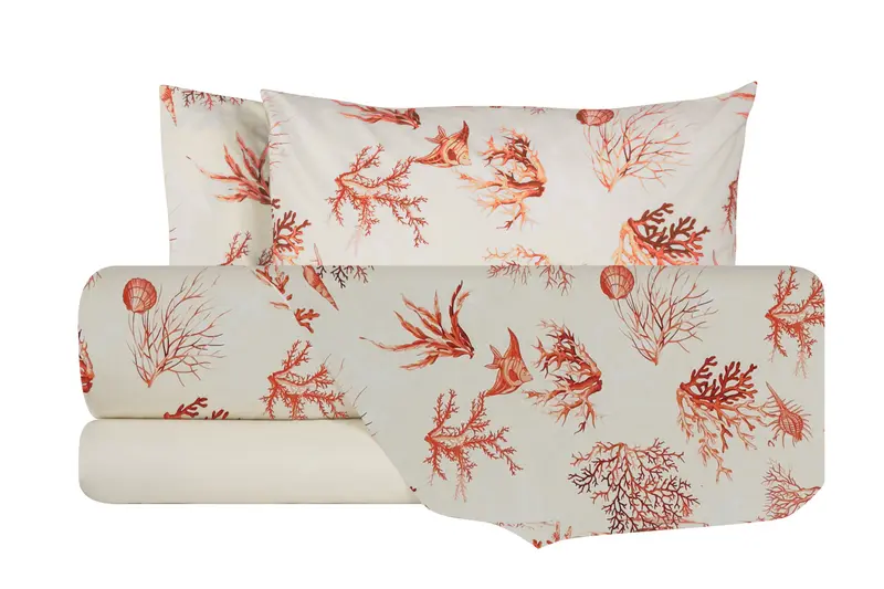 Completo letto lenzuola federe stampa digitale 100% cotone, made in italy CORALLO ROSSO/NATURALE