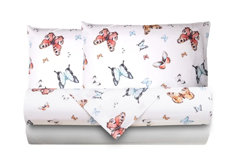 Completo letto lenzuola federe stampa digitale 100% cotone, made in italy FARFALLE MULTICOLOR