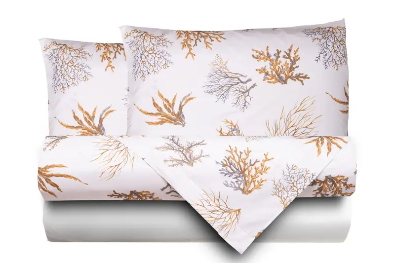 Completo letto lenzuola federe stampa digitale 100% cotone, made in italy OCEANO OCRA/BIANCO