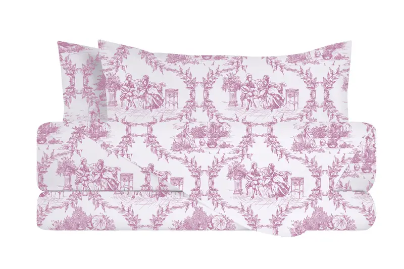 Completo letto lenzuola federe stampa digitale 100% cotone, made in italy TOILE DE JOUY BORGOGNA