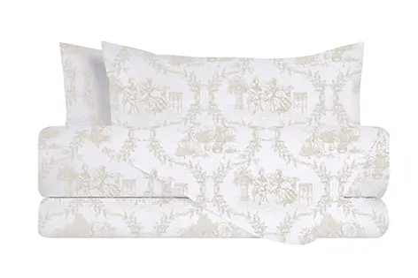 Completo letto lenzuola federe stampa digitale 100% cotone, made in italy TOILE DE JOUY CAMARGUE