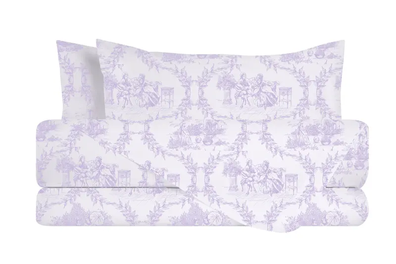 Completo letto lenzuola federe stampa digitale 100% cotone, made in italy TOILE DE JOUY VIOLETTA