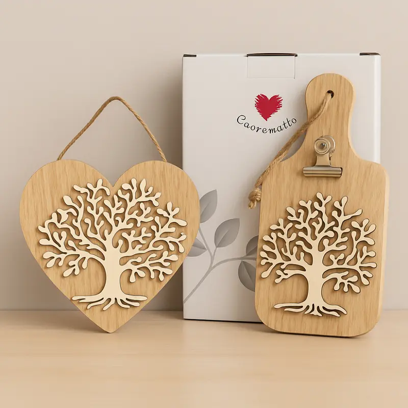 Cuorematto Set Appendino Cuore e Tagliere Porta Note Albero della Vita Legno