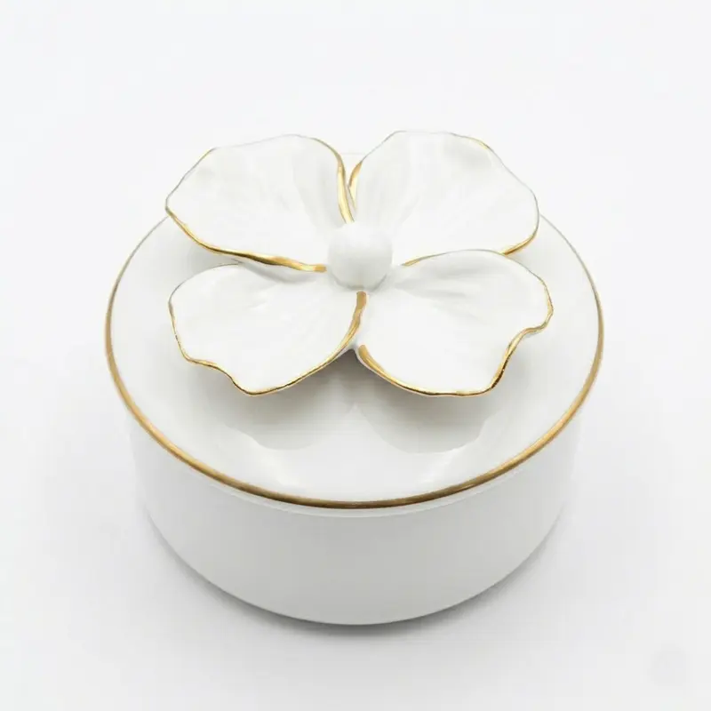 Dea Capodimonte Scatola Porcellana Bianca Fiore Oro Ø13xH9,5