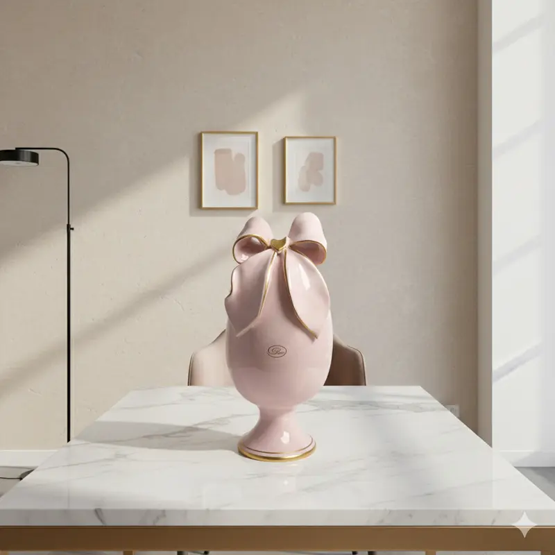 Dea Capodimonte Uovo con Fiocco Oro in Ceramica Cipria H 26