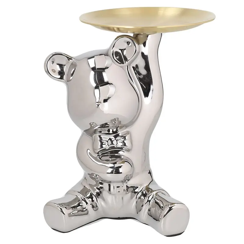 Decorazione orso in ceramica argento con vassoio h.21cm | Rohome