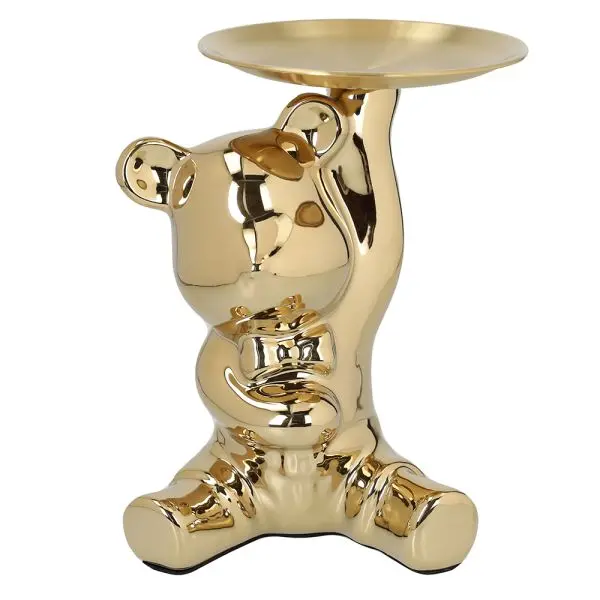 Decorazione orso in ceramica oro con vassoio h.21cm | Rohome