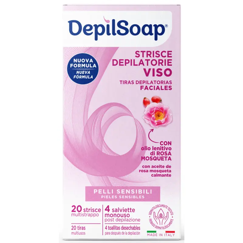 DEPILSOAP 20 STRISCE DEPILATORIE VISO + 4 SALVIETTE POST DEPILAZIONE PELLI SENSIBILI