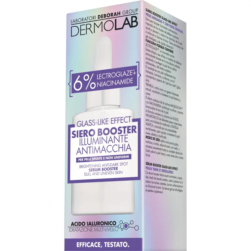 DERMOLAB VISO GLASS LIKE EFFECT STEP 2; SIERO BOOSTER ILLUMINANTE ANTIMACCHIA TEXTURE IN GEL ULTRA LEGGERA A RAPIDO ASSORBIMENTO PER PELLI SPENTE NON UNIFORMI; ETÀ 20, 30, 40; 30 ML