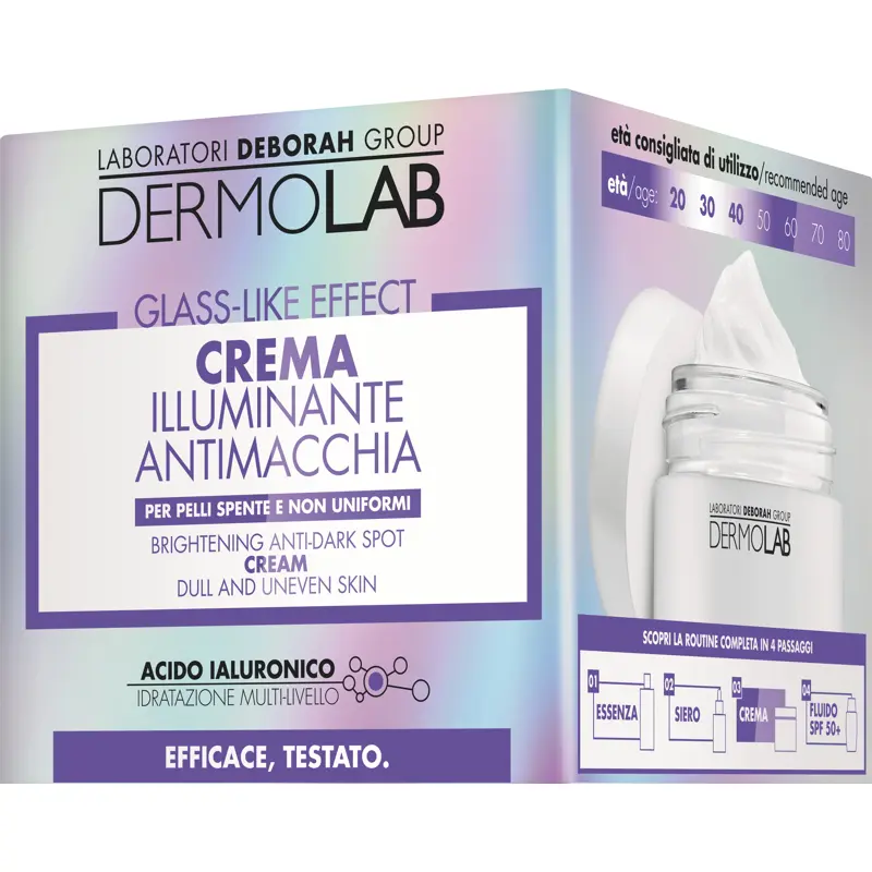 DERMOLAB VISO GLASS LIKE EFFECT STEP 3; CREMA ILLUMINANTE ANTIMACCHIA TEXTURE LEGGERA A RAPIDO ASSORBIMENTO PER PELLI SPENTE NON UNIFORMI; ETÀ 20, 30, 40; 50 ML
