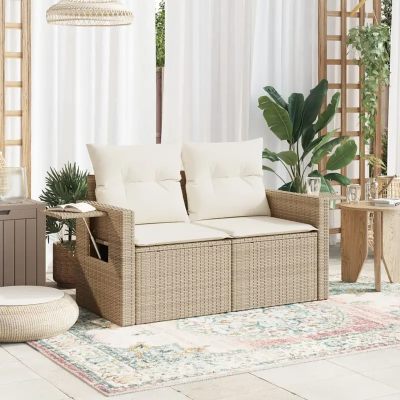 Divanetto da giardino 2 posti in rattan beige con tavolino pieghevole
