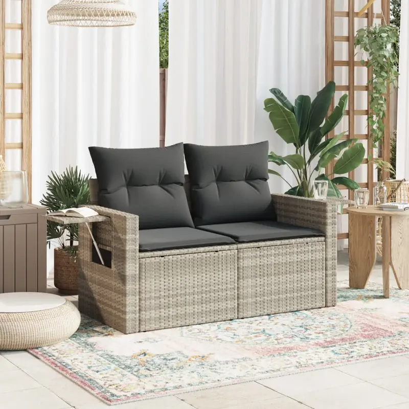 Divanetto da giardino 2 posti in rattan grigio chiaro con tavolino pieghevole