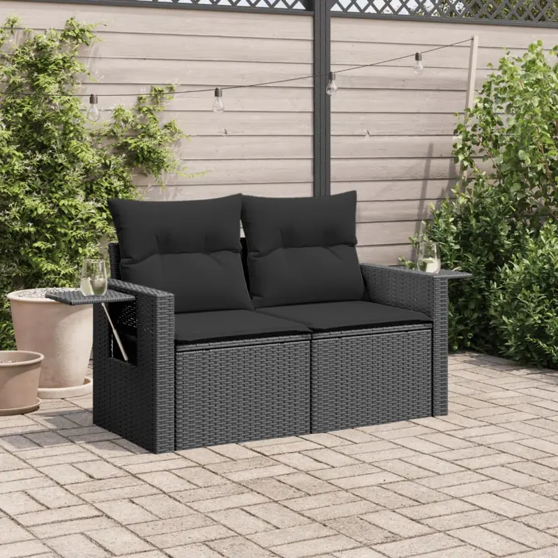 Divanetto da giardino 2 posti in rattan nero con tavolino pieghevole