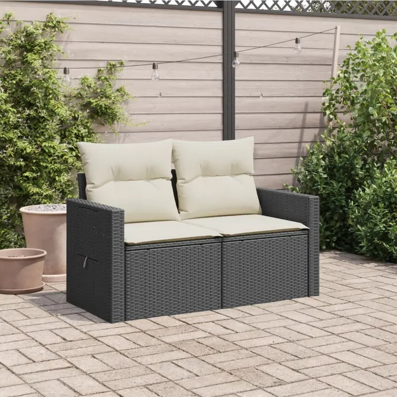 Divanetto da giardino 2 posti in rattan nero con tavolino pieghevole