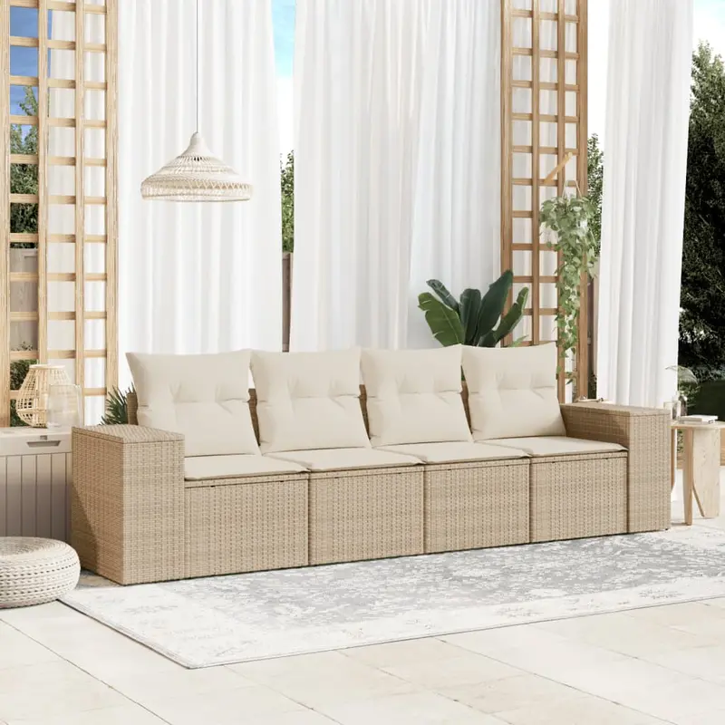 Divano modulare da esterno in rattan beige con cuscini bianco crema
