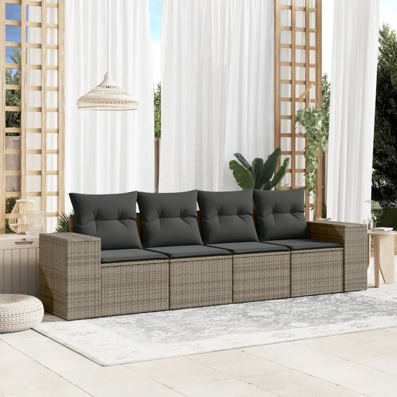 Divano modulare da esterno in rattan grigio con cuscini grigio scuro