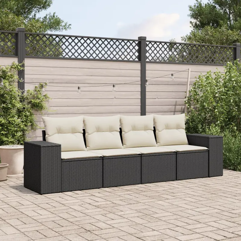 Divano modulare da esterno in rattan nero con cuscini bianco crema