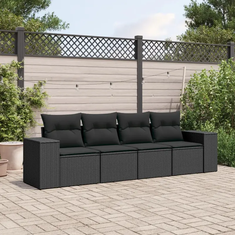 Divano modulare da esterno in rattan nero con cuscini neri