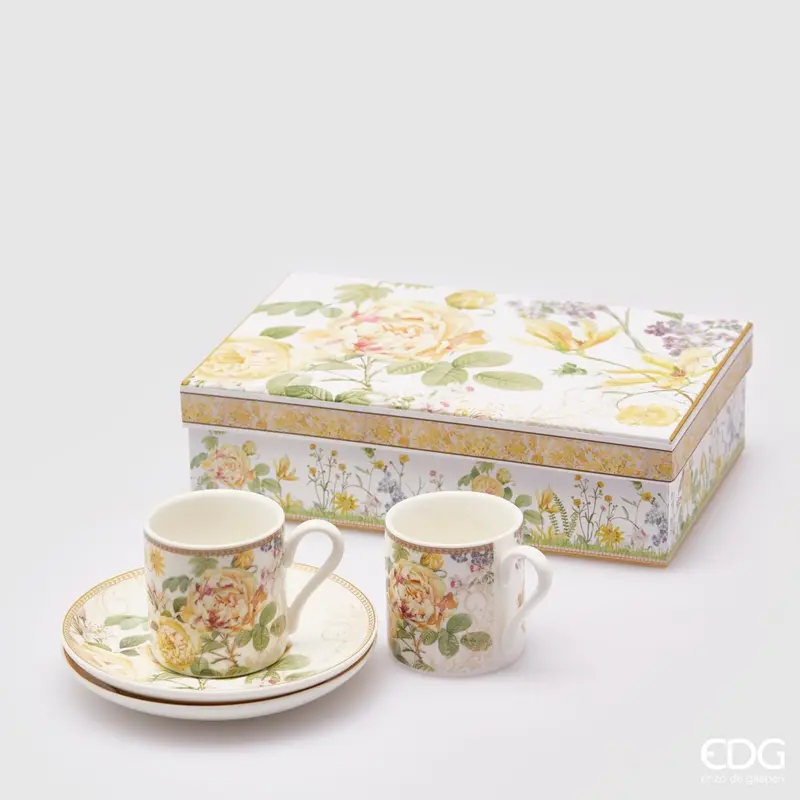 Edg - Set 2 tazzine caffè in fine porcellana con piattino decoro fiori | Rohome