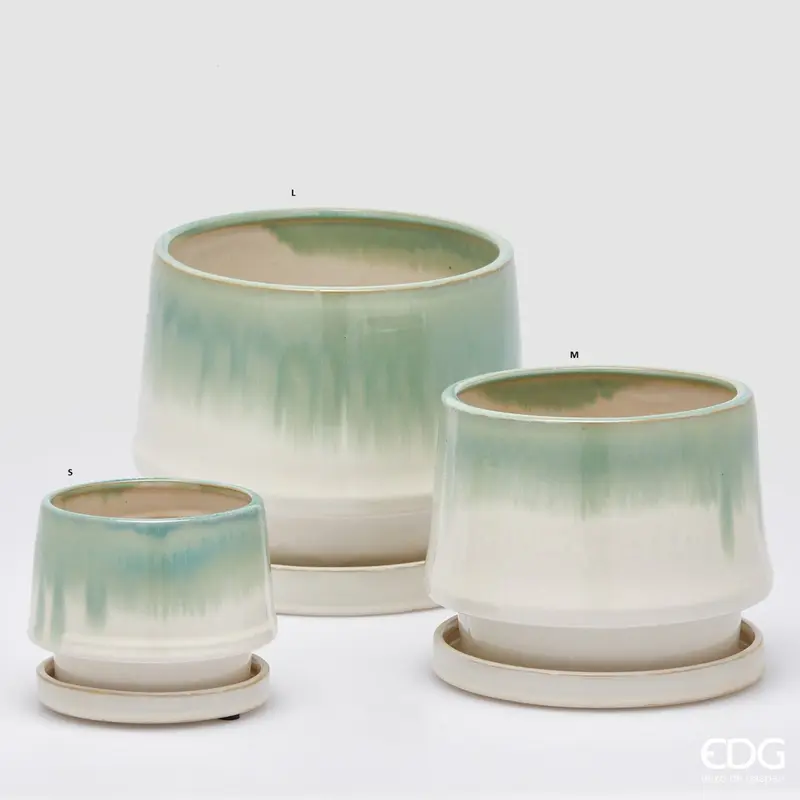 Edg - Vaso cachepot con piatto in ceramica bianco e verde | Rohome