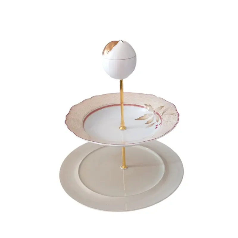 Etagere Alzata 2 Piani in Porcellana con Dettagli Oro H 30x28x23 cm